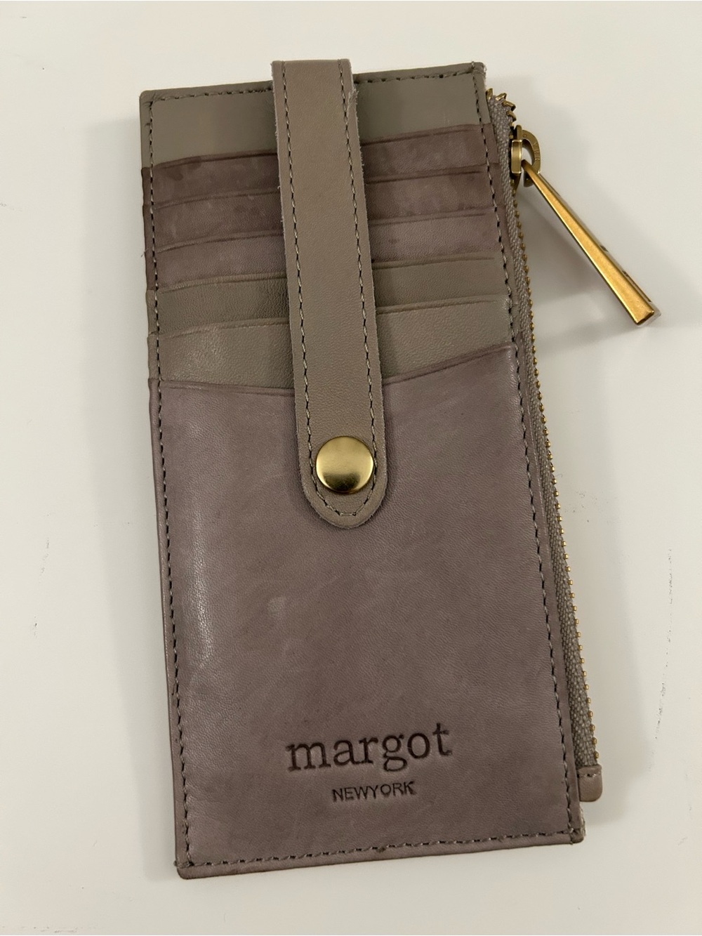 Margot taupe gray leather card wallet with gold zipper